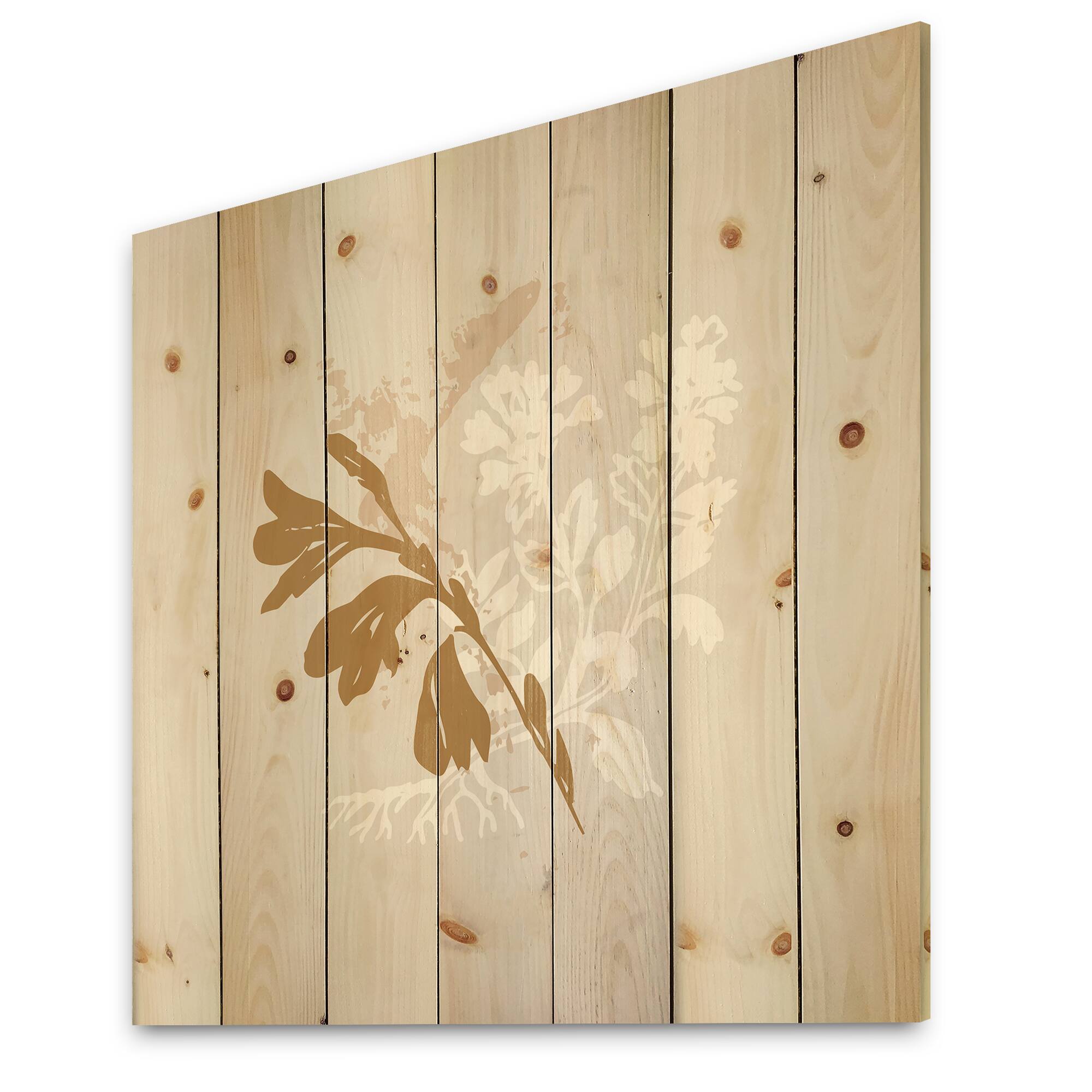 Designart - Minimal Botanical Design In Brown and White - Traditional Print on Natural Pine Wood